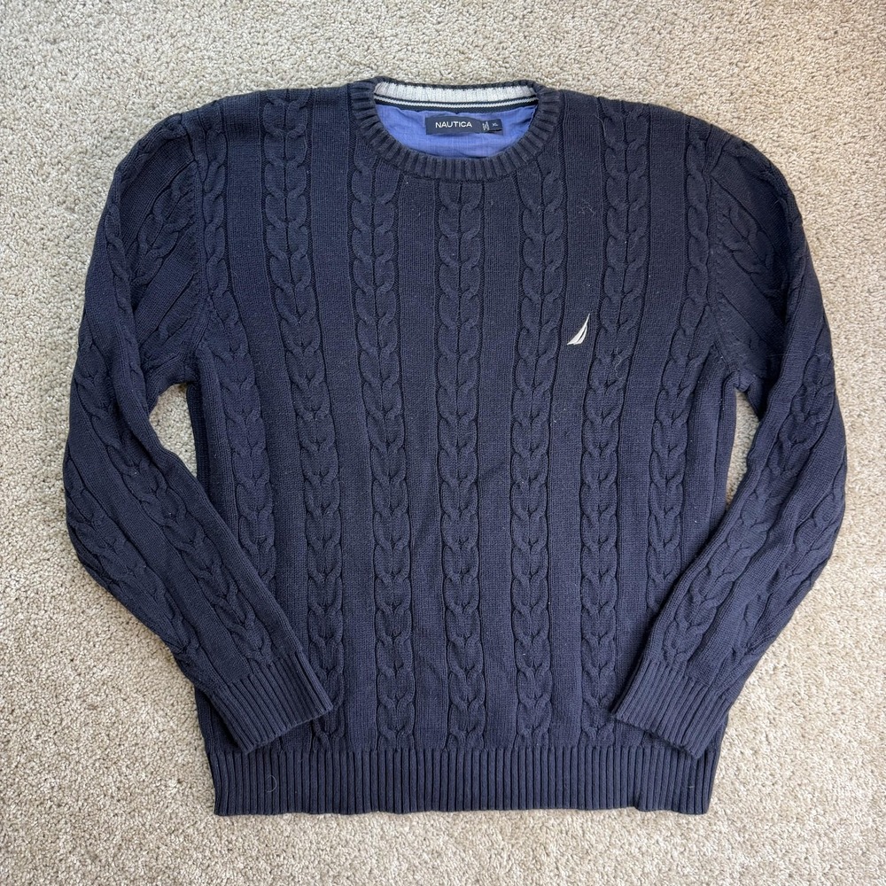 Nautica Sweater Mens XL Blue Cable Knit Crewneck Pullover Cotton Logo Casual